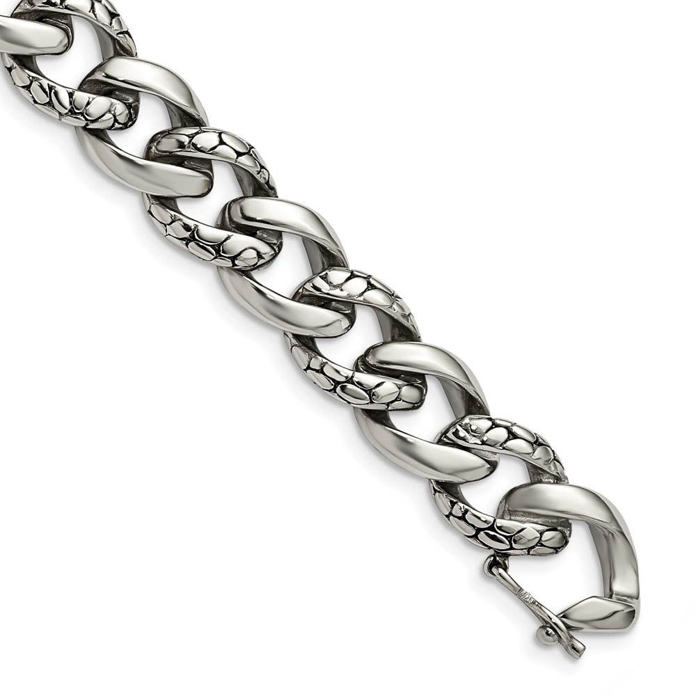 14mm Stainless Steel Textured & Polished Curb Chain Bracelet, 8.5 Inch, Item B18756 by The Black Bow Jewelry Co.