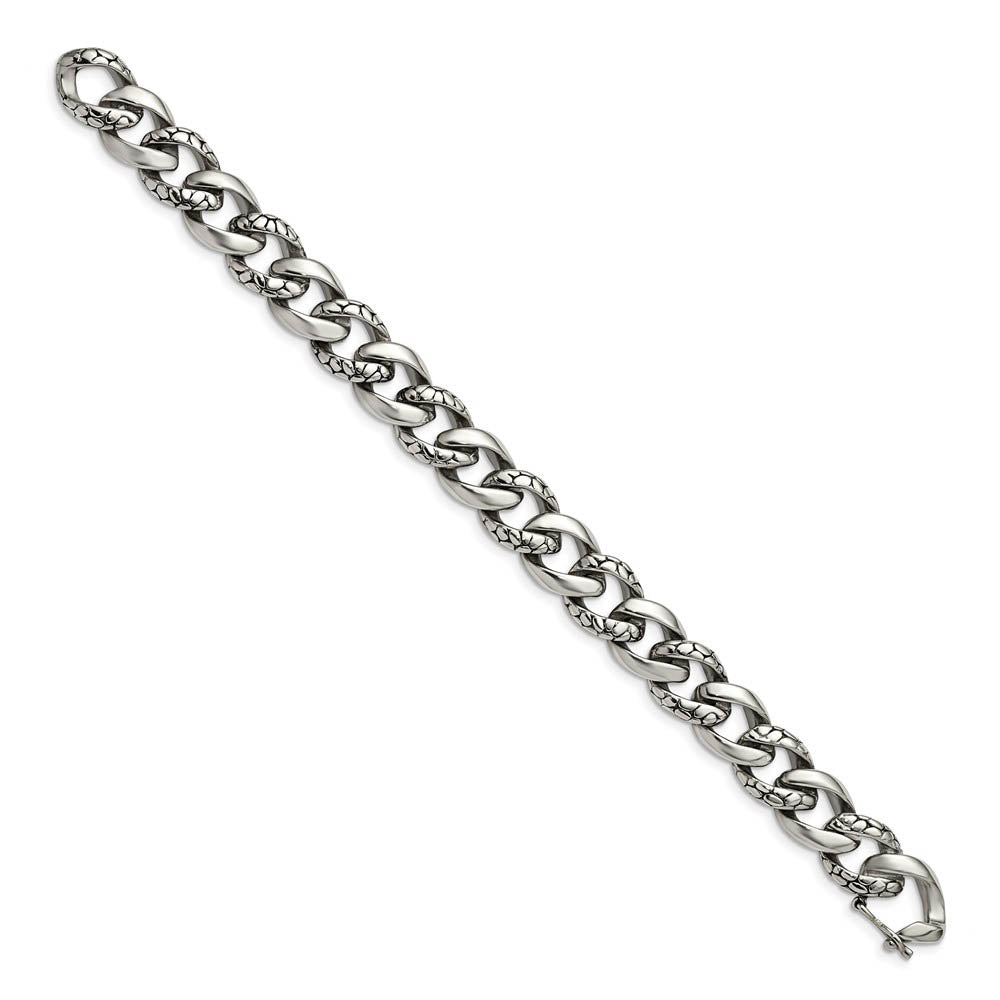 Alternate view of the 14mm Stainless Steel Textured & Polished Curb Chain Bracelet, 8.5 Inch by The Black Bow Jewelry Co.