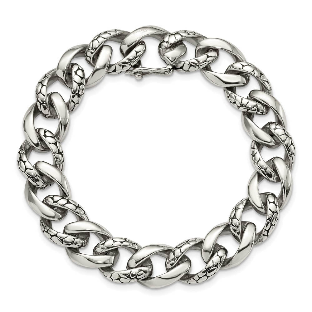 Alternate view of the 14mm Stainless Steel Textured & Polished Curb Chain Bracelet, 8.5 Inch by The Black Bow Jewelry Co.
