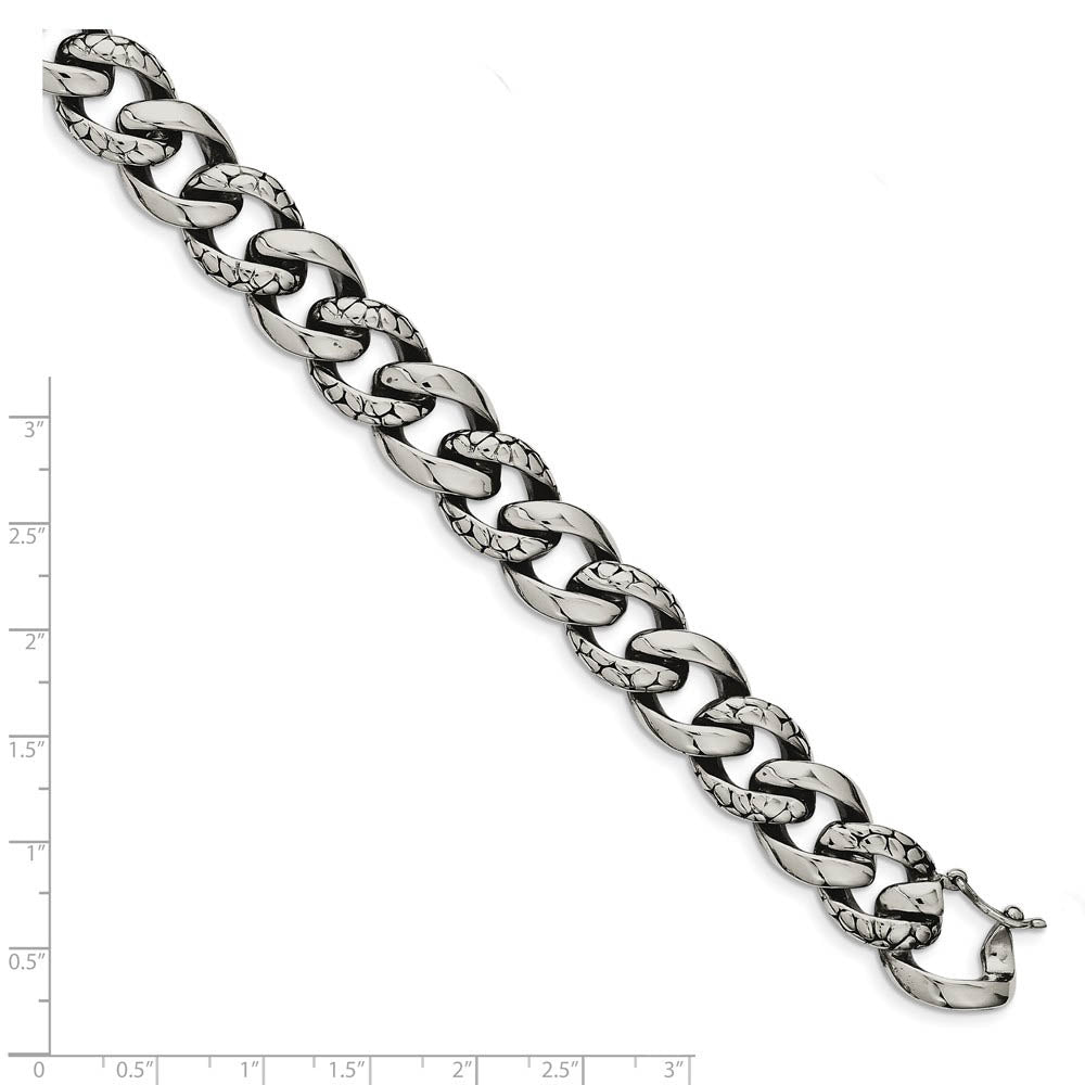 Alternate view of the 14mm Stainless Steel Textured & Polished Curb Chain Bracelet, 8.5 Inch by The Black Bow Jewelry Co.