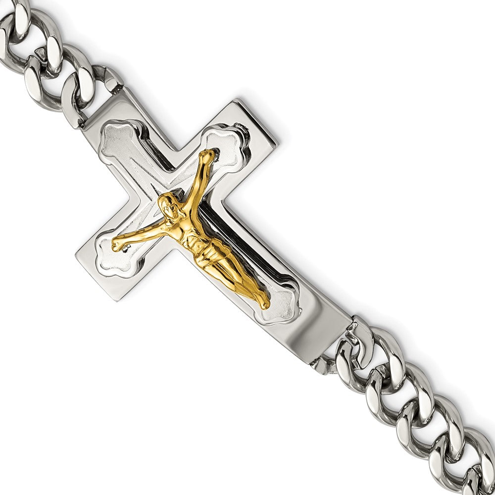 Men&#39;s Stainless Steel &amp; Gold Tone Plated Crucifix Curb Bracelet, 8 In, Item B18762 by The Black Bow Jewelry Co.
