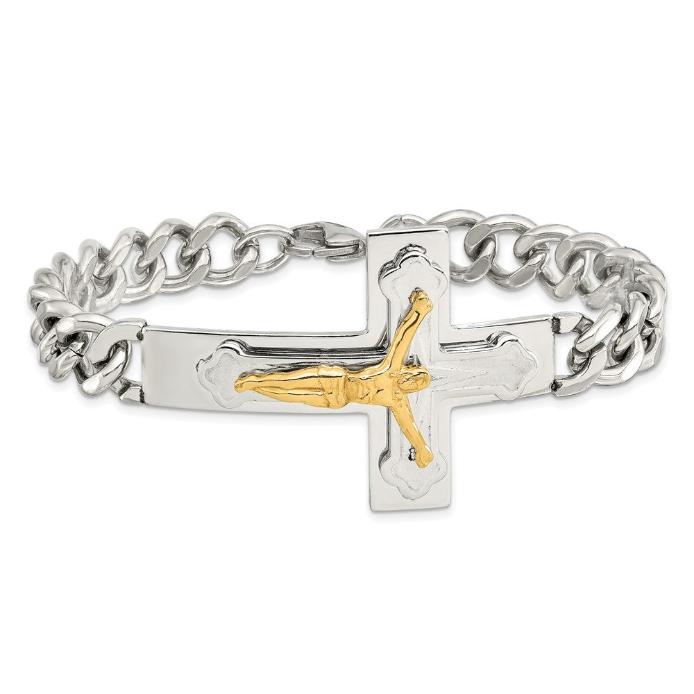 Alternate view of the Men&#39;s Stainless Steel &amp; Gold Tone Plated Crucifix Curb Bracelet, 8 In by The Black Bow Jewelry Co.