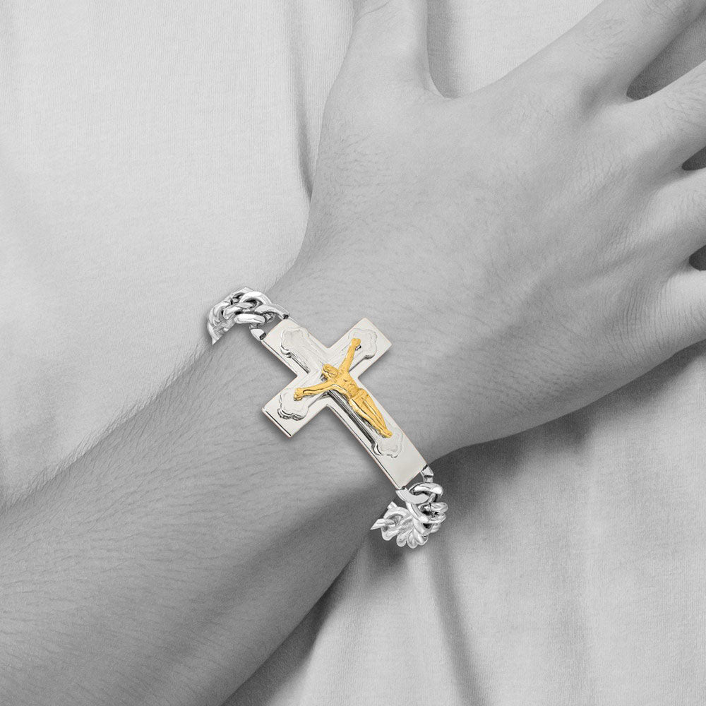 Alternate view of the Men&#39;s Stainless Steel &amp; Gold Tone Plated Crucifix Curb Bracelet, 8 In by The Black Bow Jewelry Co.