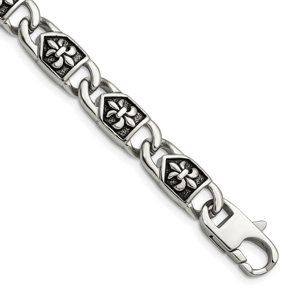 10mm Stainless Steel Antiqued Fleur de Lis Link Bracelet, 8.75 Inch, Item B18763 by The Black Bow Jewelry Co.