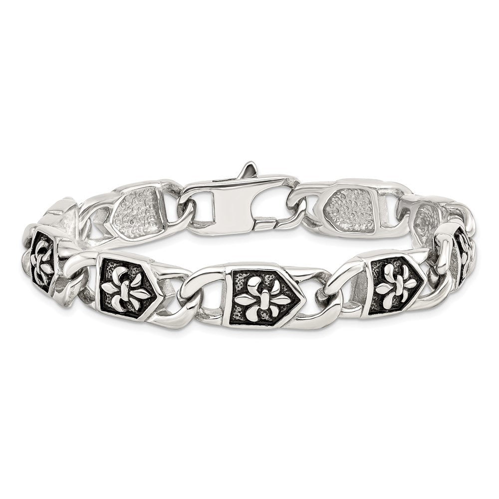 Alternate view of the 10mm Stainless Steel Antiqued Fleur de Lis Link Bracelet, 8.75 Inch by The Black Bow Jewelry Co.