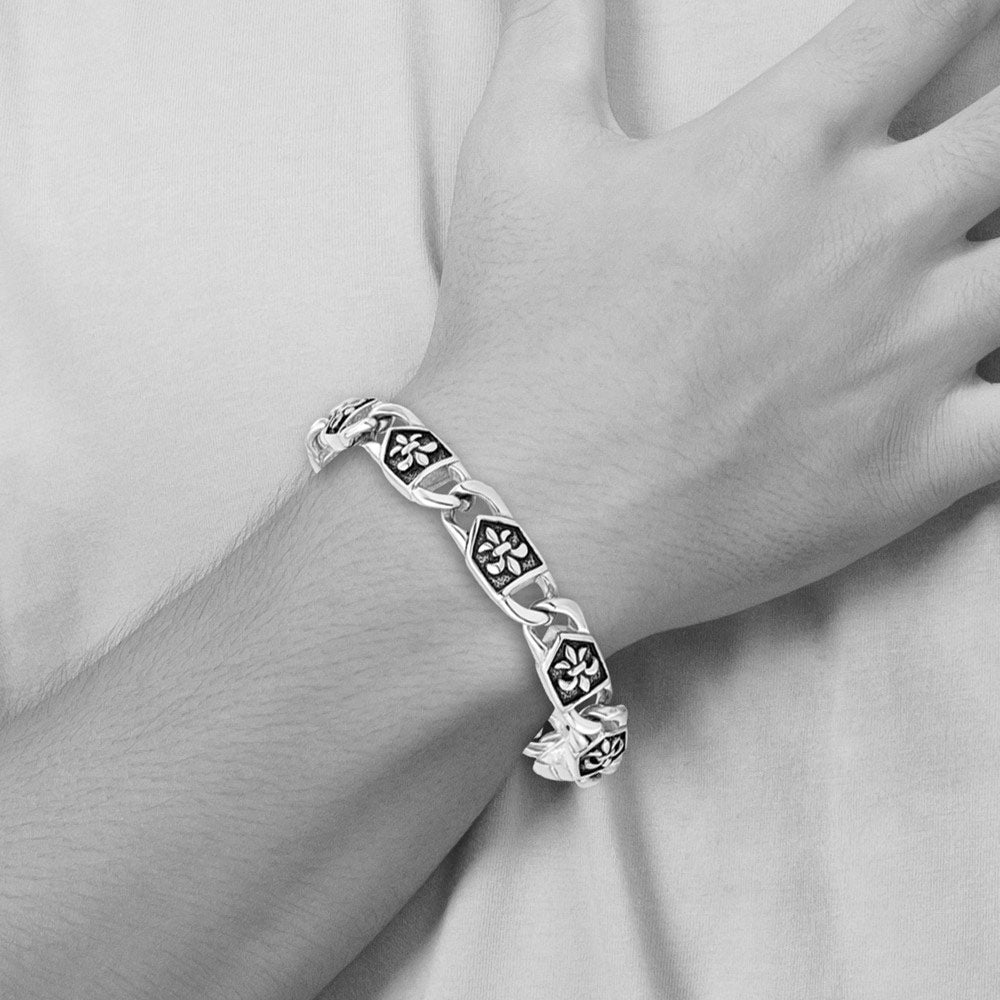 Alternate view of the 10mm Stainless Steel Antiqued Fleur de Lis Link Bracelet, 8.75 Inch by The Black Bow Jewelry Co.