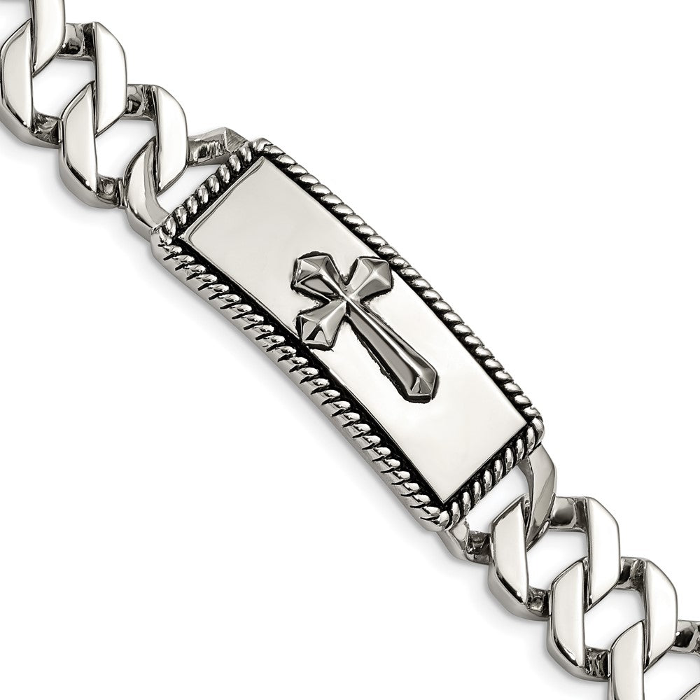 Men&#39;s Stainless Steel Antiqued Cross I.D. Curb Bracelet, 8.5 Inch, Item B18765 by The Black Bow Jewelry Co.