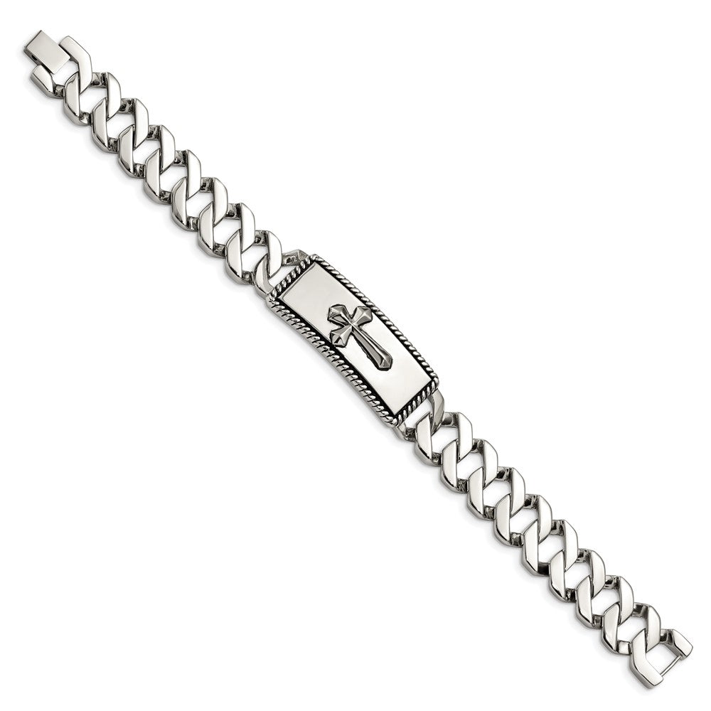 Alternate view of the Men&#39;s Stainless Steel Antiqued Cross I.D. Curb Bracelet, 8.5 Inch by The Black Bow Jewelry Co.