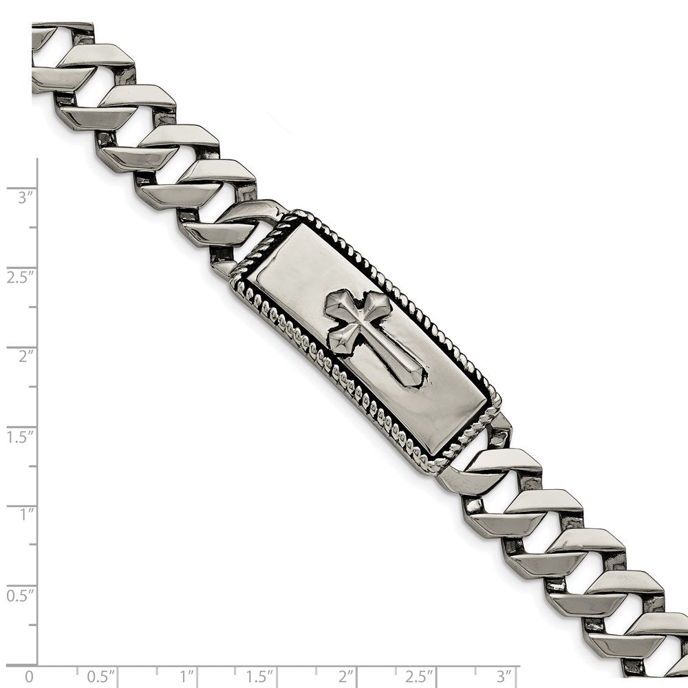 Alternate view of the Men&#39;s Stainless Steel Antiqued Cross I.D. Curb Bracelet, 8.5 Inch by The Black Bow Jewelry Co.