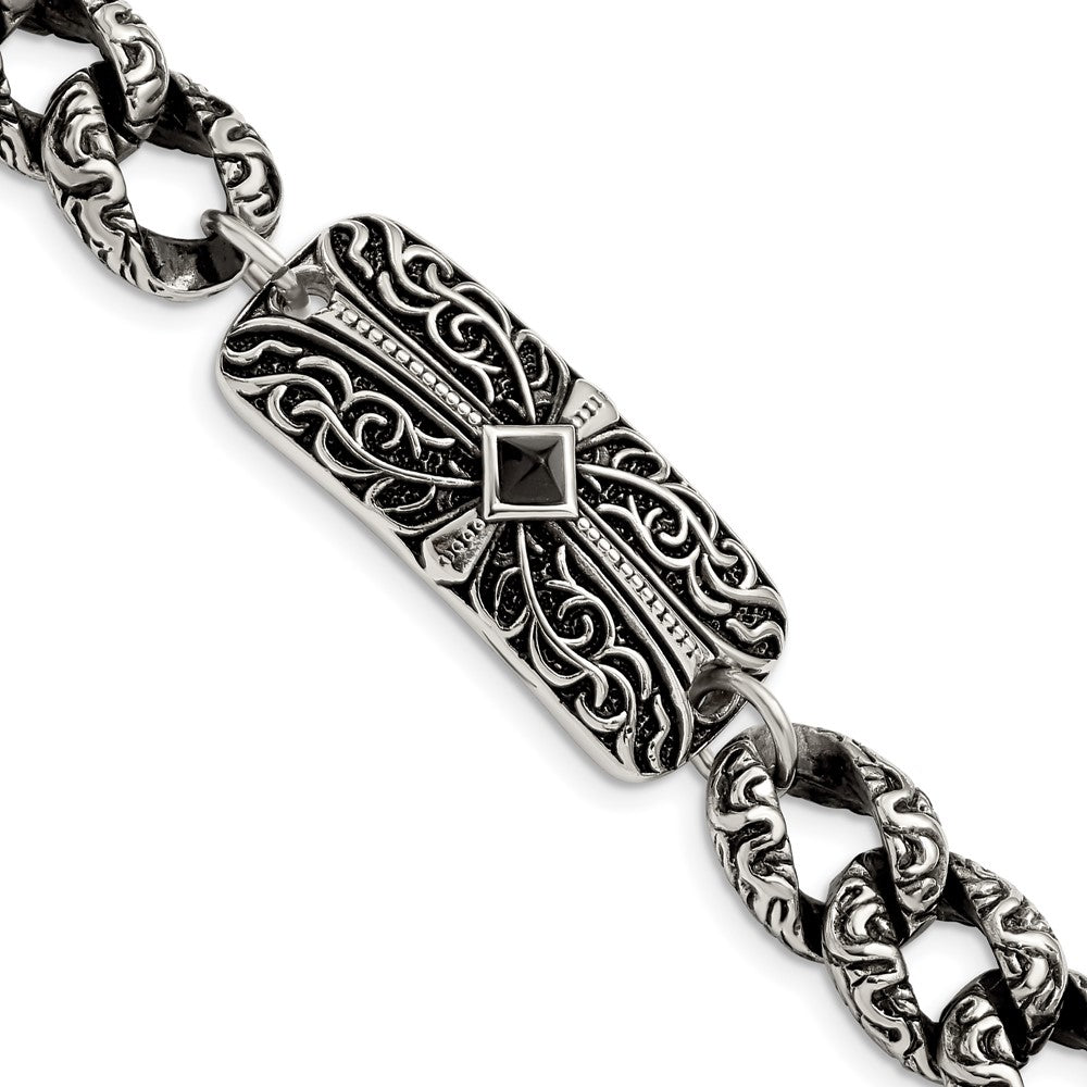 Stainless Steel Black Agate Antiqued Fancy Link Cross Bracelet, 9 Inch, Item B18766 by The Black Bow Jewelry Co.