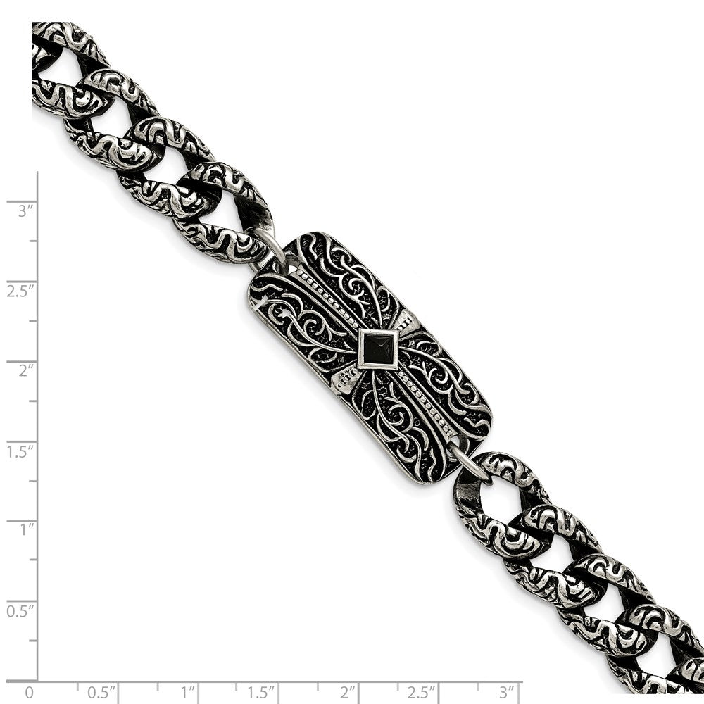 Alternate view of the Stainless Steel Black Agate Antiqued Fancy Link Cross Bracelet, 9 Inch by The Black Bow Jewelry Co.