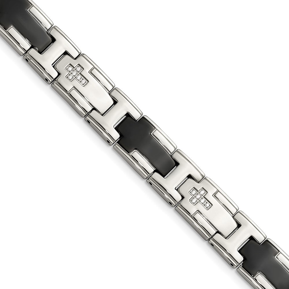 12mm Stainless Steel, Black Plated & CZ Cross Link Bracelet, 8.5 Inch, Item B18768 by The Black Bow Jewelry Co.