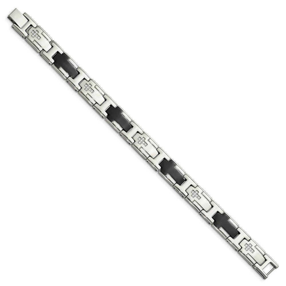 Alternate view of the 12mm Stainless Steel, Black Plated & CZ Cross Link Bracelet, 8.5 Inch by The Black Bow Jewelry Co.