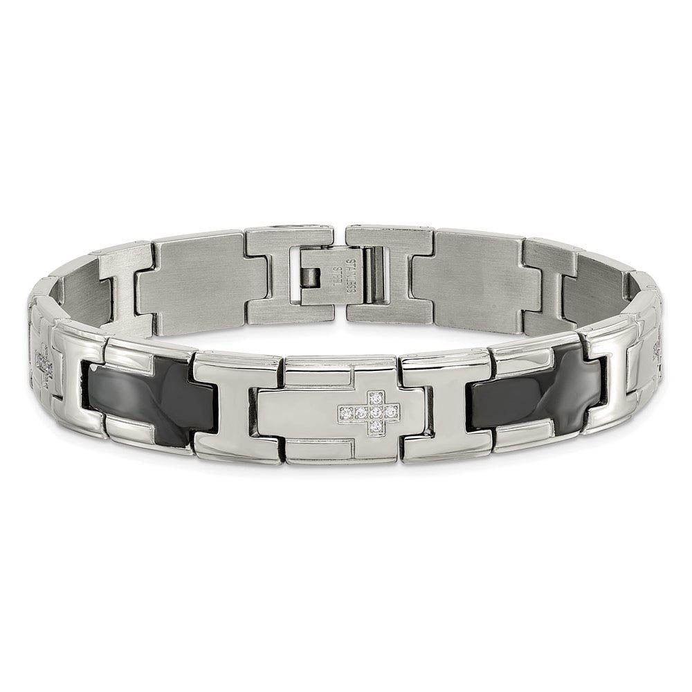 Alternate view of the 12mm Stainless Steel, Black Plated & CZ Cross Link Bracelet, 8.5 Inch by The Black Bow Jewelry Co.