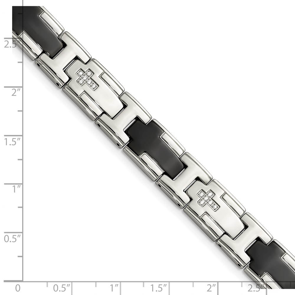 Alternate view of the 12mm Stainless Steel, Black Plated & CZ Cross Link Bracelet, 8.5 Inch by The Black Bow Jewelry Co.