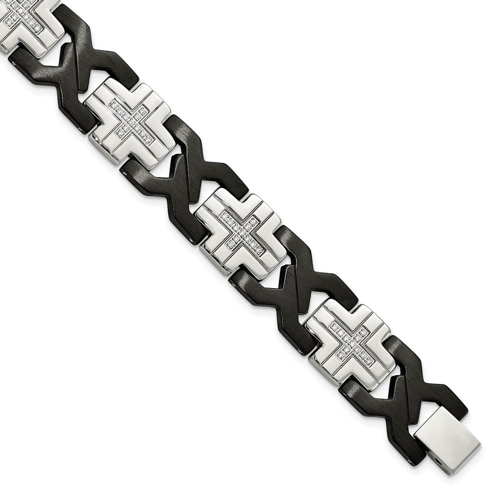 14mm Stainless Steel, Black Plated & CZ Cross Link Bracelet, 8.25 Inch, Item B18769 by The Black Bow Jewelry Co.