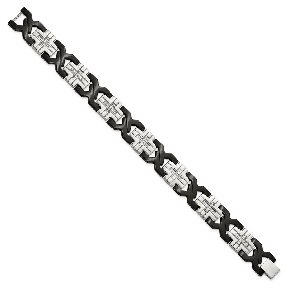 Alternate view of the 14mm Stainless Steel, Black Plated & CZ Cross Link Bracelet, 8.25 Inch by The Black Bow Jewelry Co.