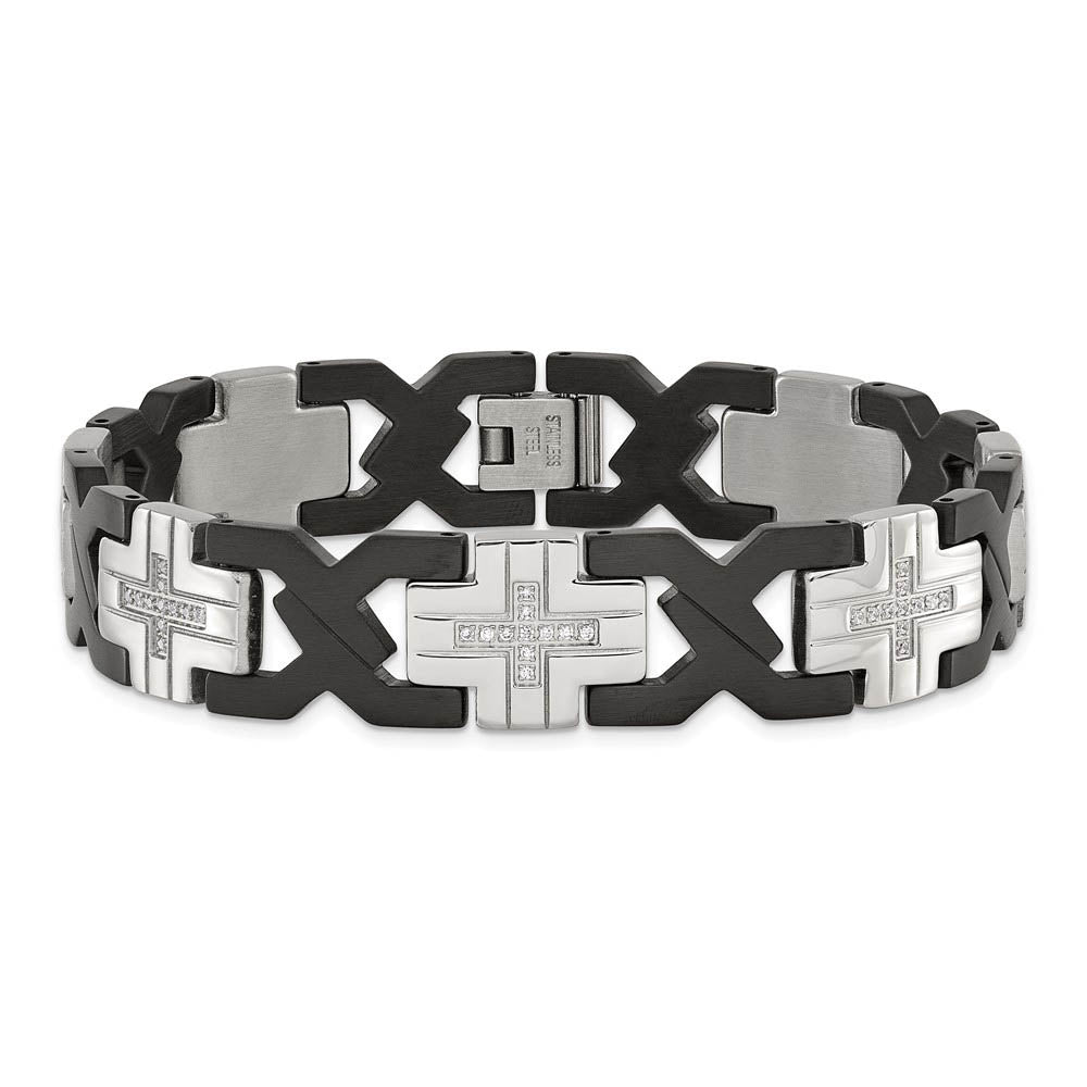 Alternate view of the 14mm Stainless Steel, Black Plated & CZ Cross Link Bracelet, 8.25 Inch by The Black Bow Jewelry Co.
