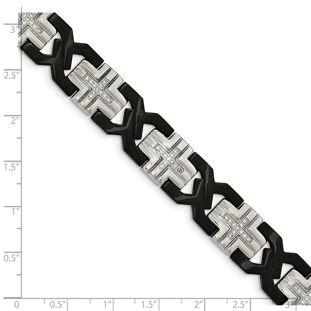 Alternate view of the 14mm Stainless Steel, Black Plated & CZ Cross Link Bracelet, 8.25 Inch by The Black Bow Jewelry Co.