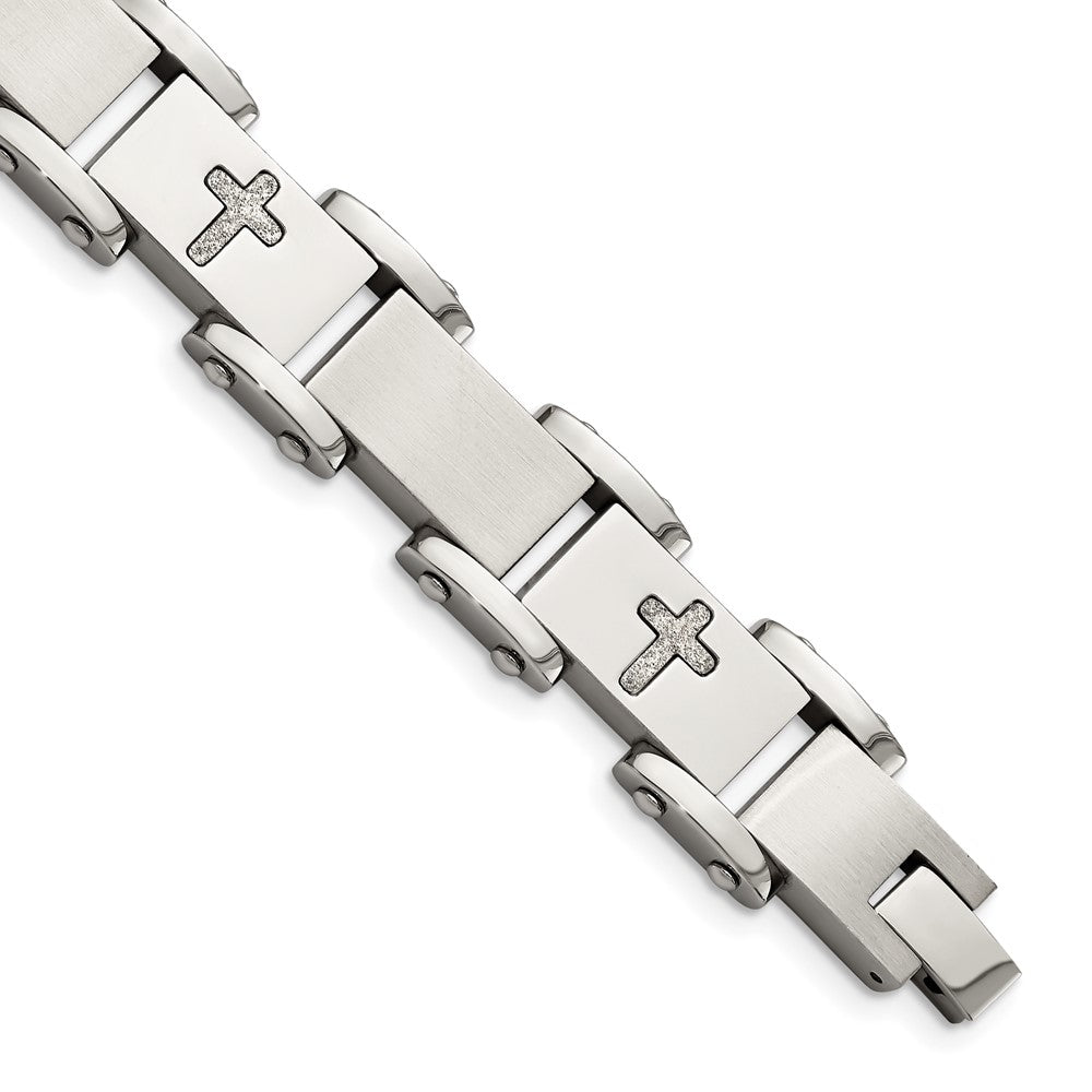Men&#39;s 12mm Stainless Steel Laser Cut Cross Link Bracelet, 8.75 Inch, Item B18770 by The Black Bow Jewelry Co.