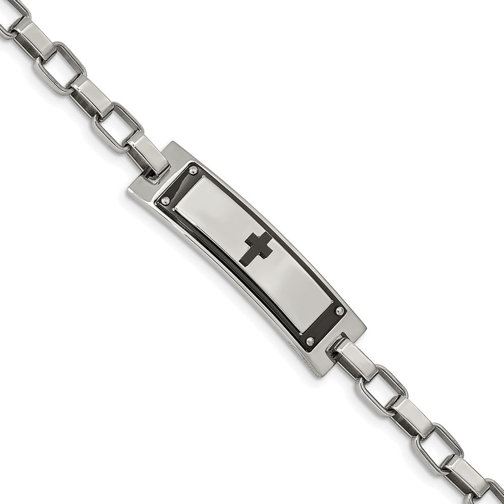 Men&#39;s Stainless Steel &amp; Black Plated Cross I.D. Link Bracelet, 8.5 In, Item B18771 by The Black Bow Jewelry Co.