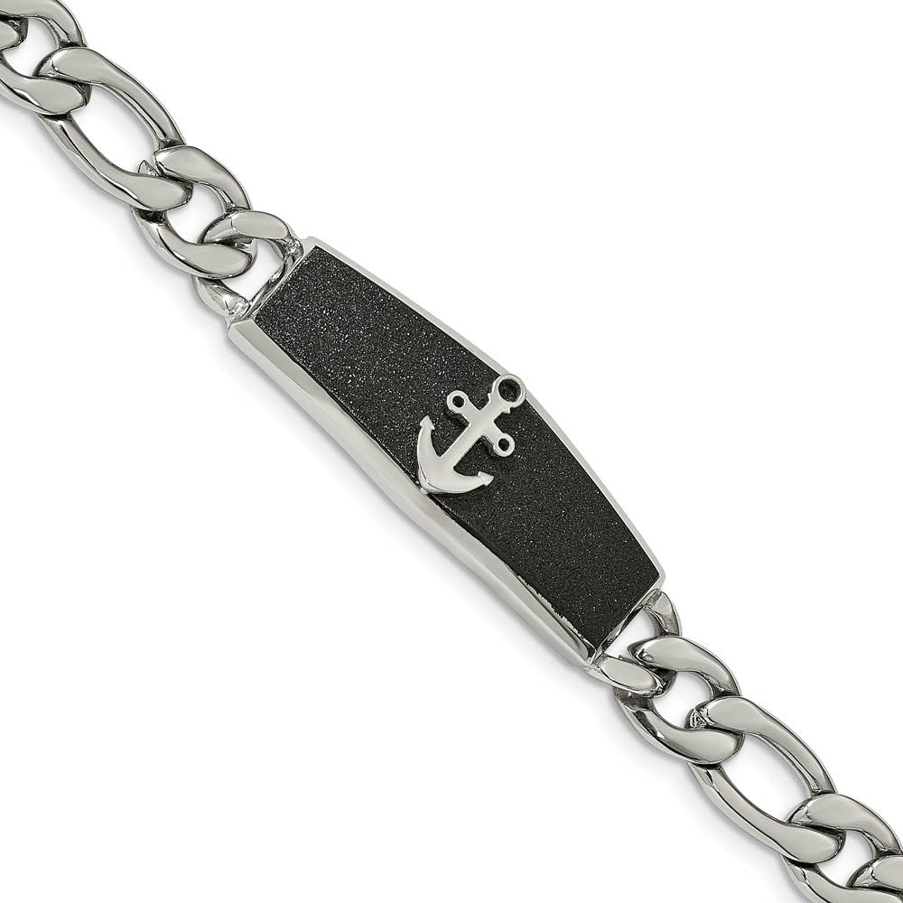 Stainless Steel & Black Plated Anchor I.D. Figaro Bracelet, 8.5 Inch, Item B18772 by The Black Bow Jewelry Co.