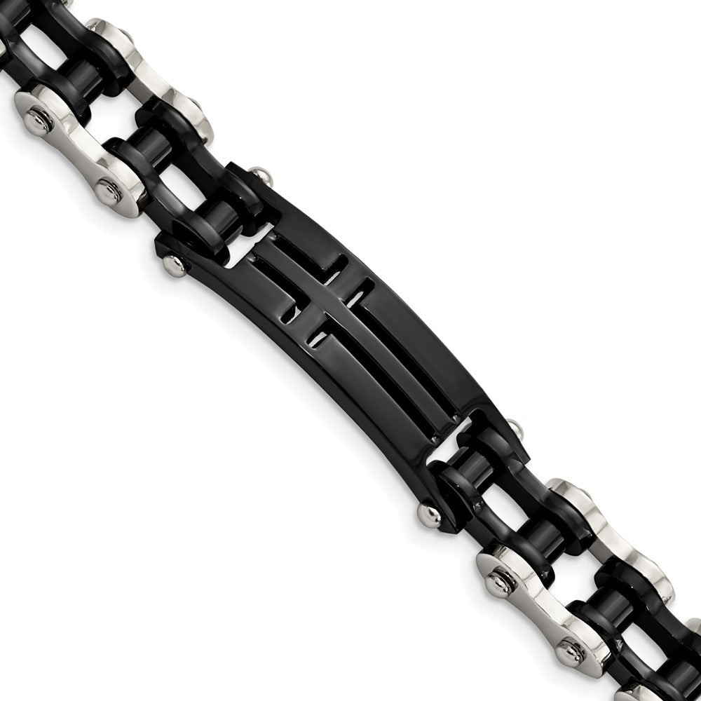 Stainless Steel &amp; Black Plated Cross I.D. Bike Link Bracelet, 9 Inch, Item B18774 by The Black Bow Jewelry Co.