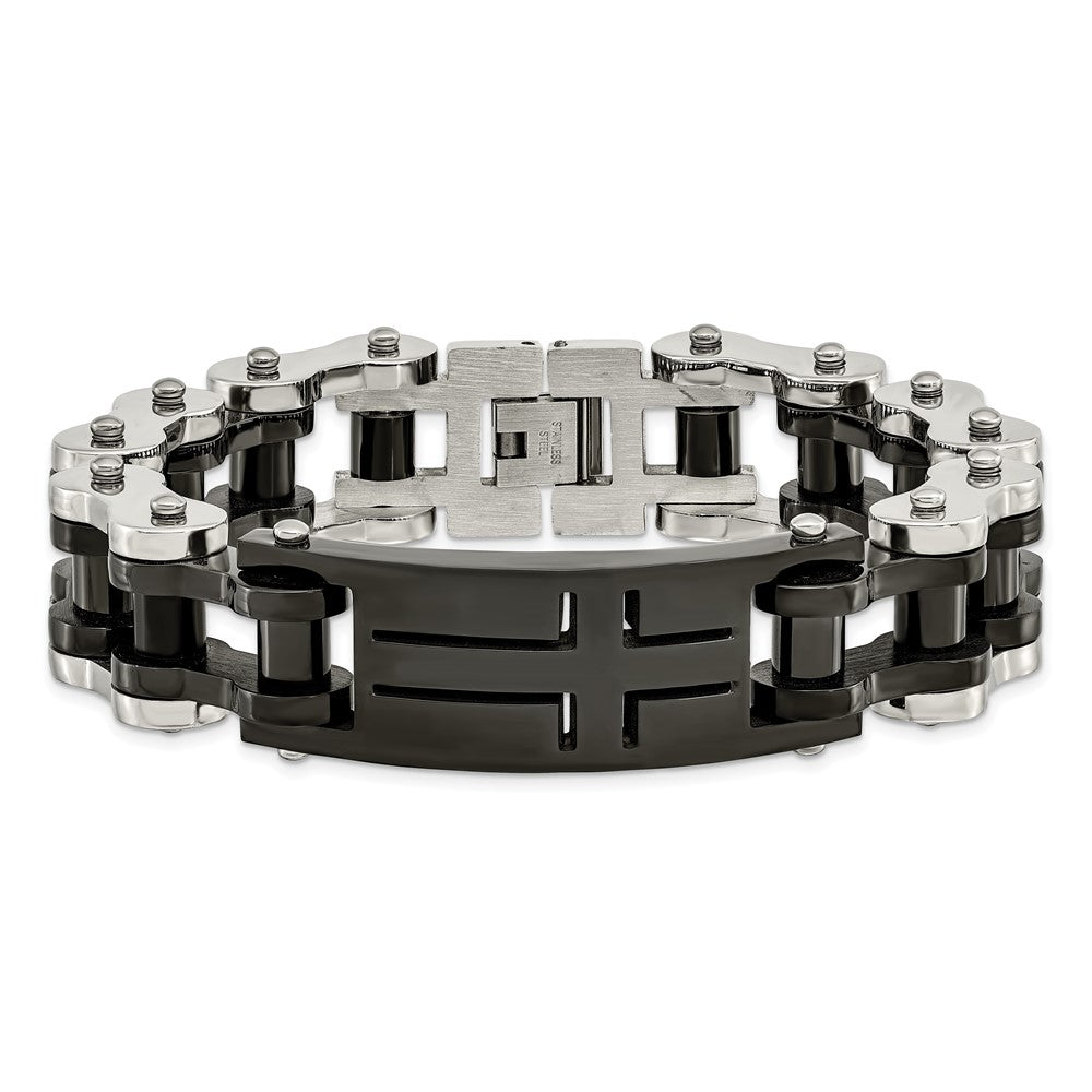 Alternate view of the Stainless Steel &amp; Black Plated Cross I.D. Bike Link Bracelet, 9 Inch by The Black Bow Jewelry Co.