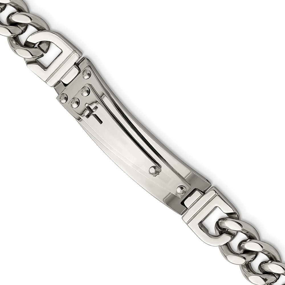 Men&#39;s Stainless Steel Polished Cross I.D. Curb Bracelet, 8.25 Inch, Item B18775 by The Black Bow Jewelry Co.