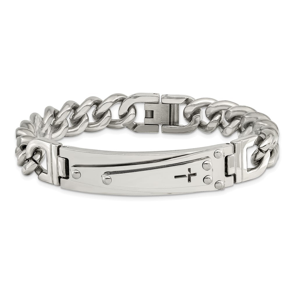Alternate view of the Men&#39;s Stainless Steel Polished Cross I.D. Curb Bracelet, 8.25 Inch by The Black Bow Jewelry Co.
