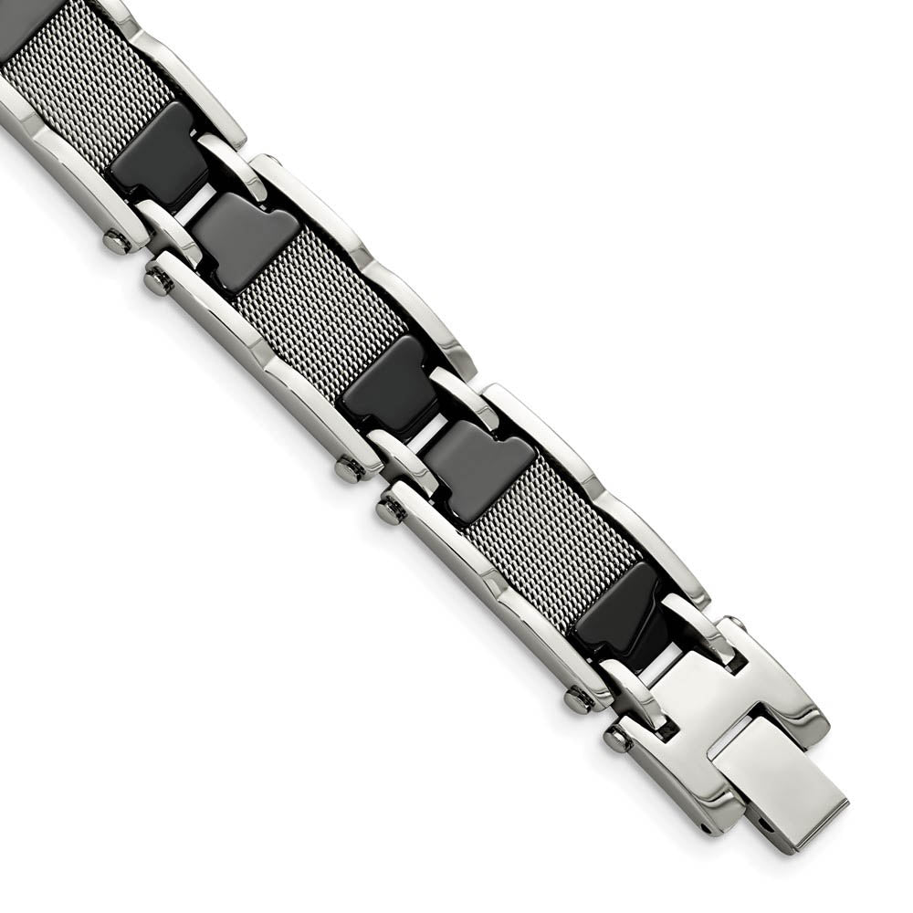 Mens 13mm Stainless Steel Black Ceramic & Mesh Link Bracelet, 8.25 In, Item B18778 by The Black Bow Jewelry Co.