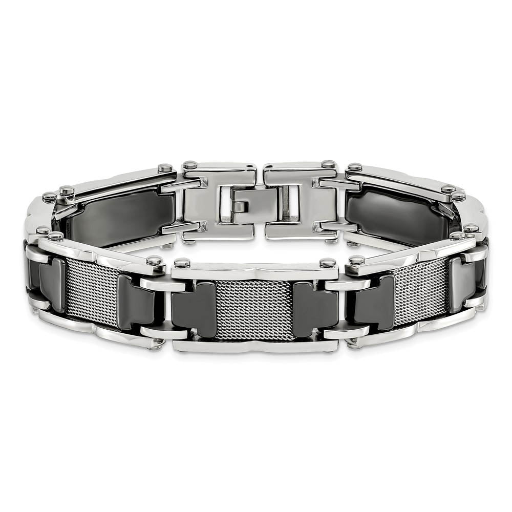 Alternate view of the Mens 13mm Stainless Steel Black Ceramic & Mesh Link Bracelet, 8.25 In by The Black Bow Jewelry Co.