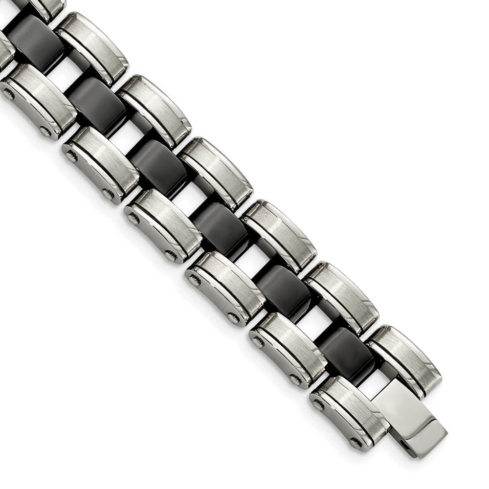 Men's 17mm Stainless Steel Black Ceramic Panther Link Bracelet, 8.5 In, Item B18779 by The Black Bow Jewelry Co.