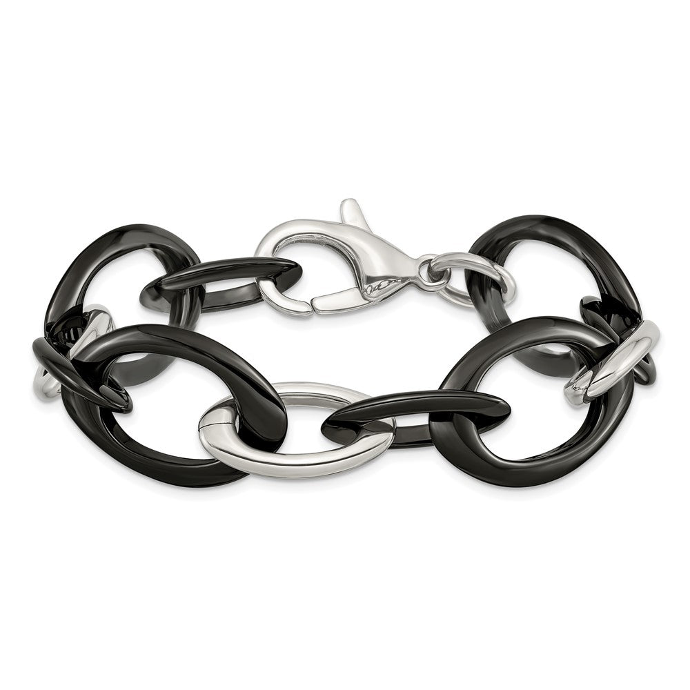 Alternate view of the 20mm Stainless Steel &amp; Black Ceramic Oval Chain Link Bracelet, 8 Inch by The Black Bow Jewelry Co.