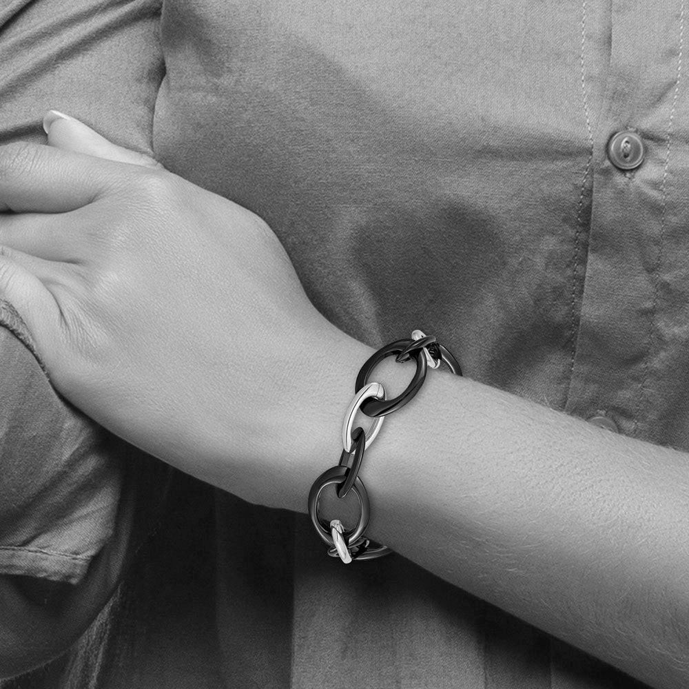 Alternate view of the 20mm Stainless Steel &amp; Black Ceramic Oval Chain Link Bracelet, 8 Inch by The Black Bow Jewelry Co.