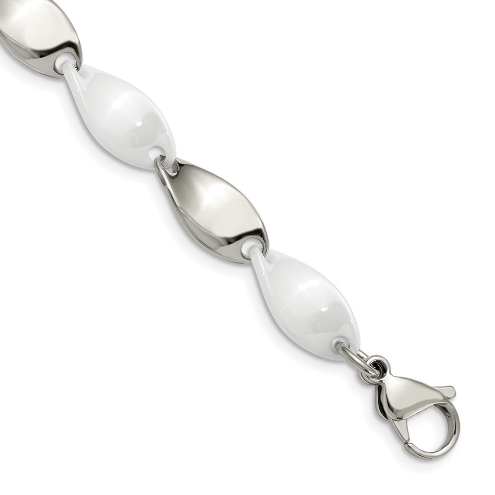9.5mm Stainless Steel &amp; White Ceramic Twisted Link Bracelet, 7.75 Inch, Item B18782 by The Black Bow Jewelry Co.