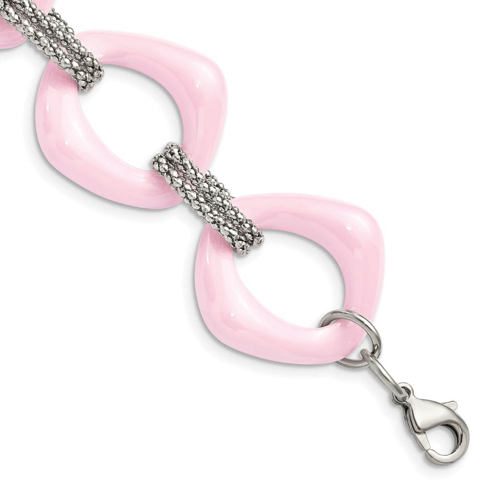 29mm Stainless Steel & Pink Ceramic Open Link Adj. Bracelet, 7.5 Inch, Item B18783 by The Black Bow Jewelry Co.