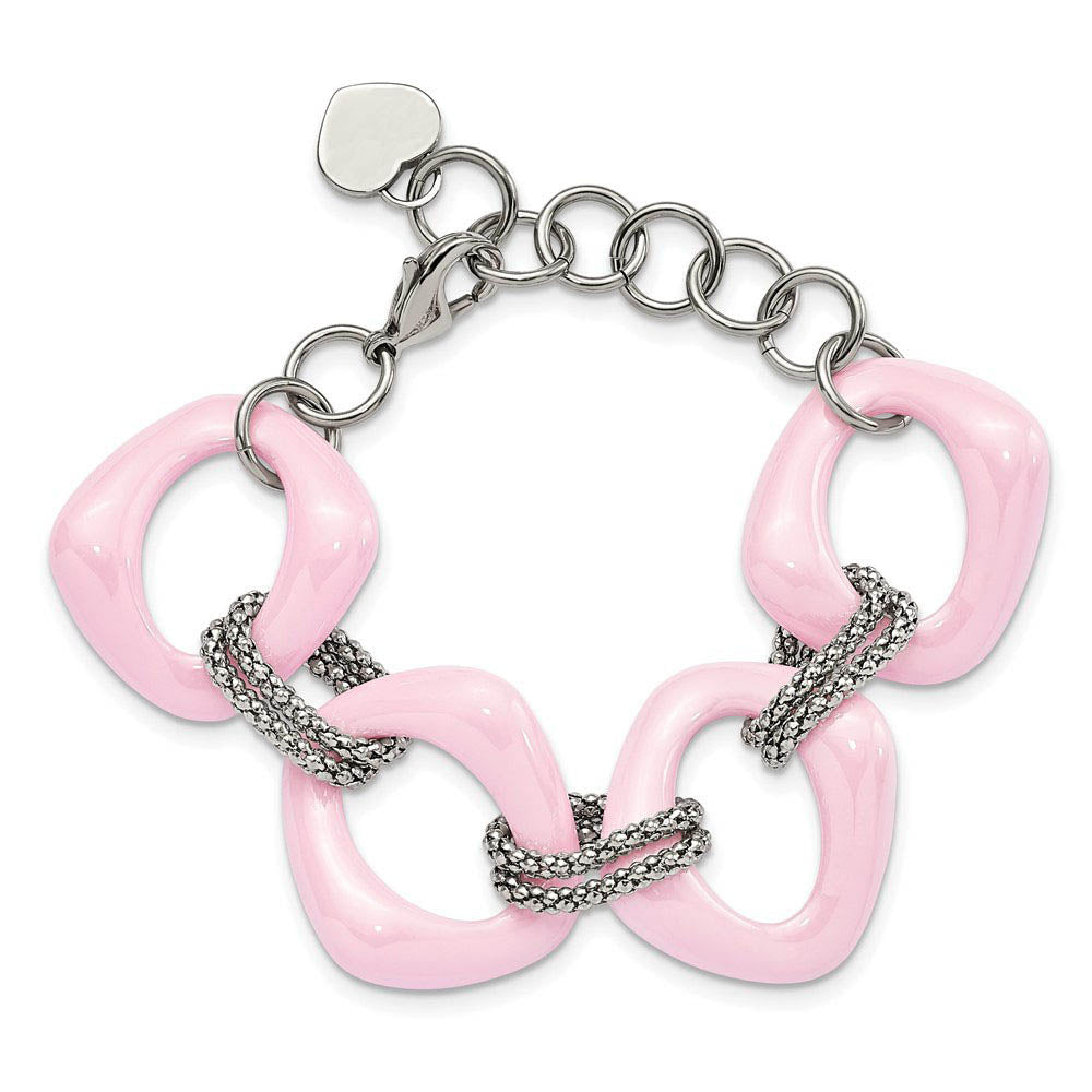 Alternate view of the 29mm Stainless Steel & Pink Ceramic Open Link Adj. Bracelet, 7.5 Inch by The Black Bow Jewelry Co.