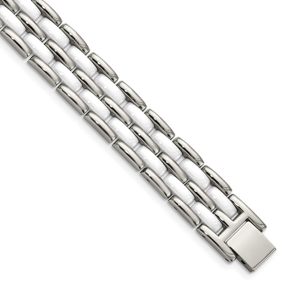12mm Stainless Steel &amp; White Ceramic Panther Link Bracelet, 8.25 Inch, Item B18784 by The Black Bow Jewelry Co.