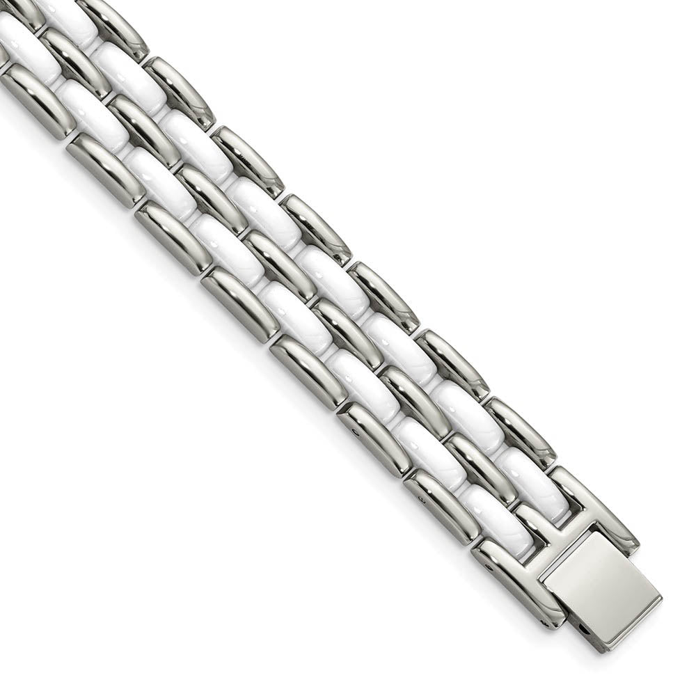 12mm Stainless Steel & White Ceramic Panther Link Bracelet, 8.25 Inch, Item B18784 by The Black Bow Jewelry Co.
