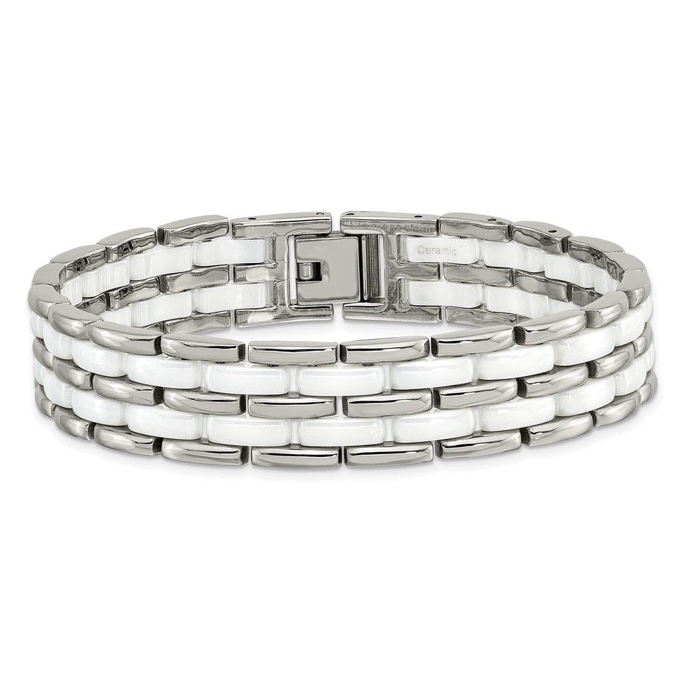 Alternate view of the 12mm Stainless Steel & White Ceramic Panther Link Bracelet, 8.25 Inch by The Black Bow Jewelry Co.
