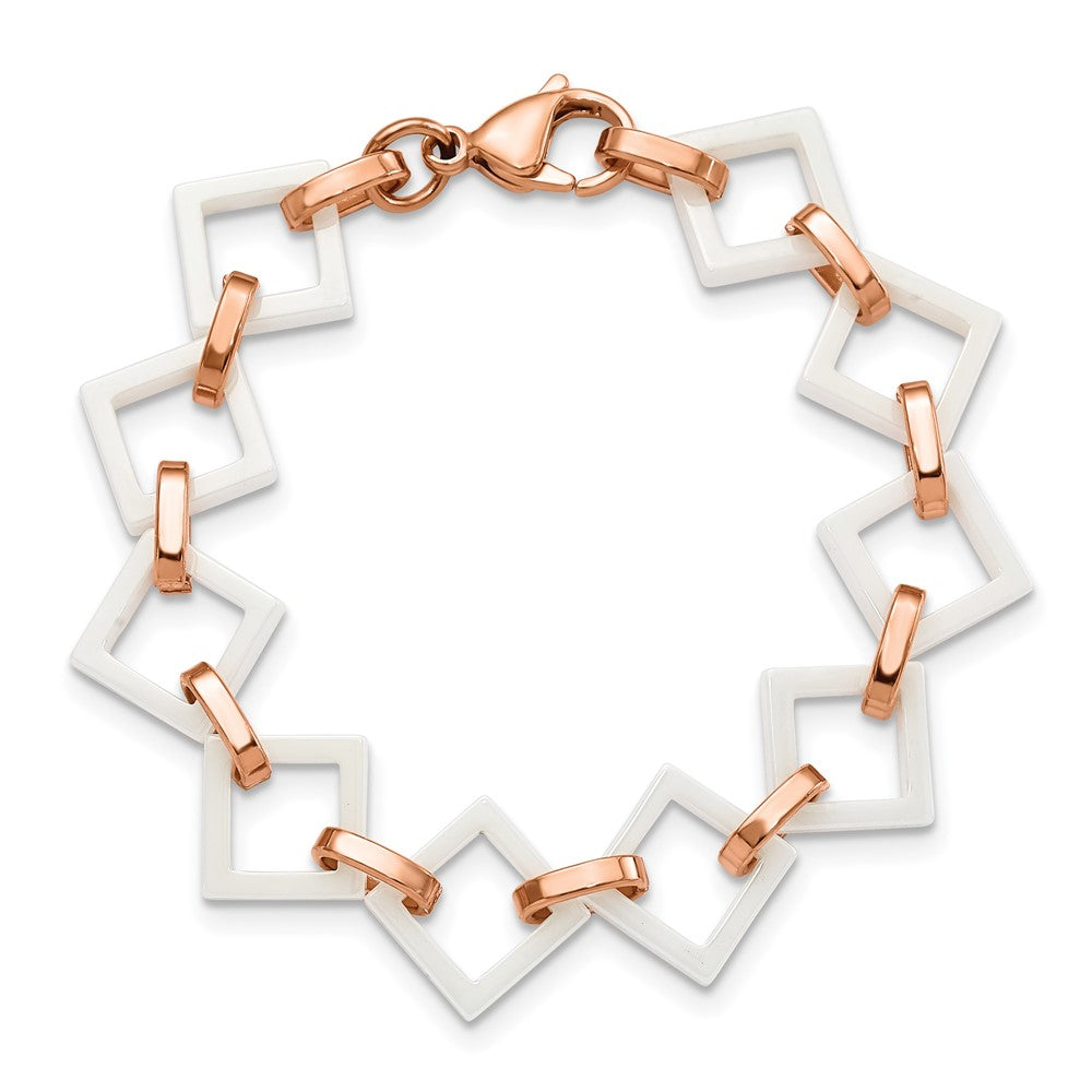 Alternate view of the Rose Tone Stainless Steel &amp; White Ceramic Rhombus Link Bracelet, 7 In by The Black Bow Jewelry Co.