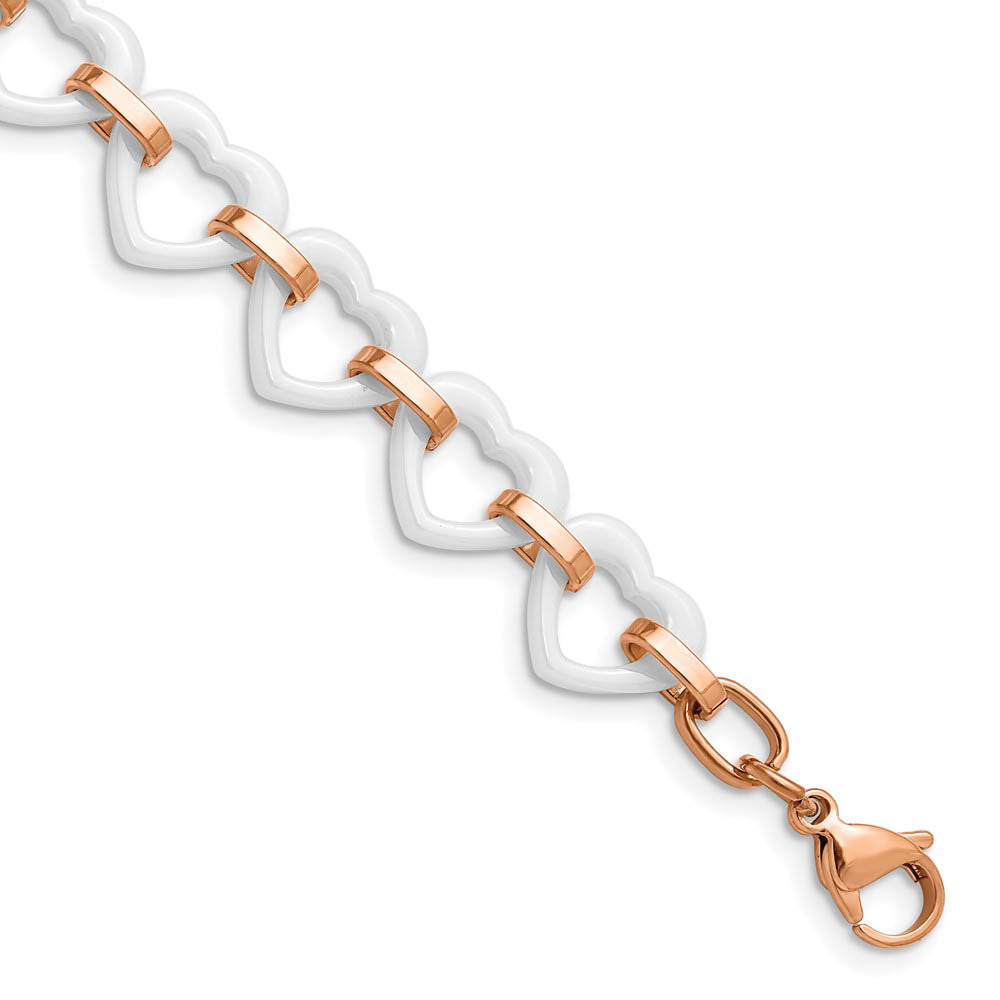 Rose Tone Stainless Steel & White Ceramic Heart Link Bracelet, 7.25 In, Item B18787 by The Black Bow Jewelry Co.