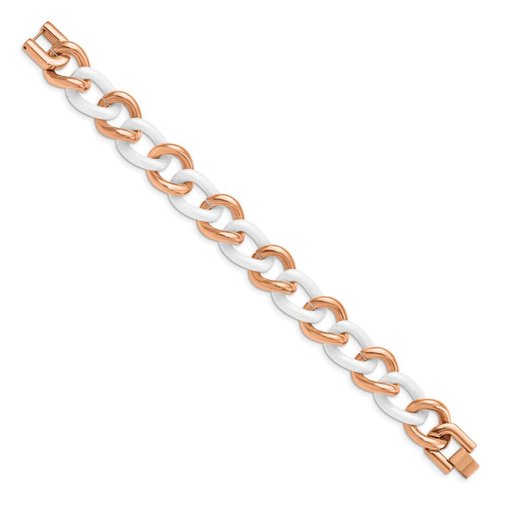 Alternate view of the Rose Tone Stainless Steel & White Ceramic Curb Chain Bracelet, 8.25 In by The Black Bow Jewelry Co.