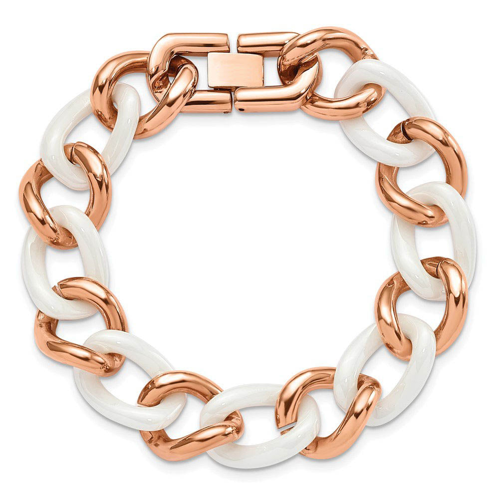 Alternate view of the Rose Tone Stainless Steel & White Ceramic Curb Chain Bracelet, 8.25 In by The Black Bow Jewelry Co.