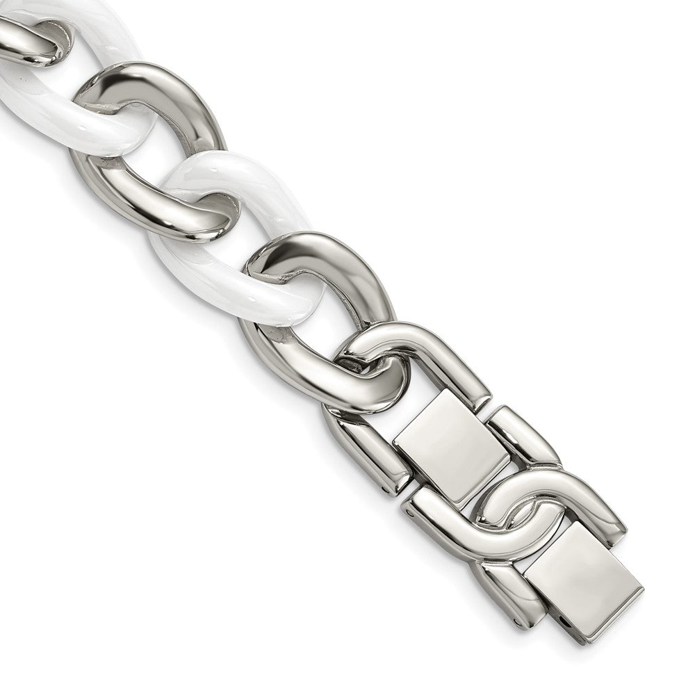 Stainless Steel &amp; White Ceramic Curb Chain Bracelet, 7.5 to 8.5 Inch, Item B18789 by The Black Bow Jewelry Co.