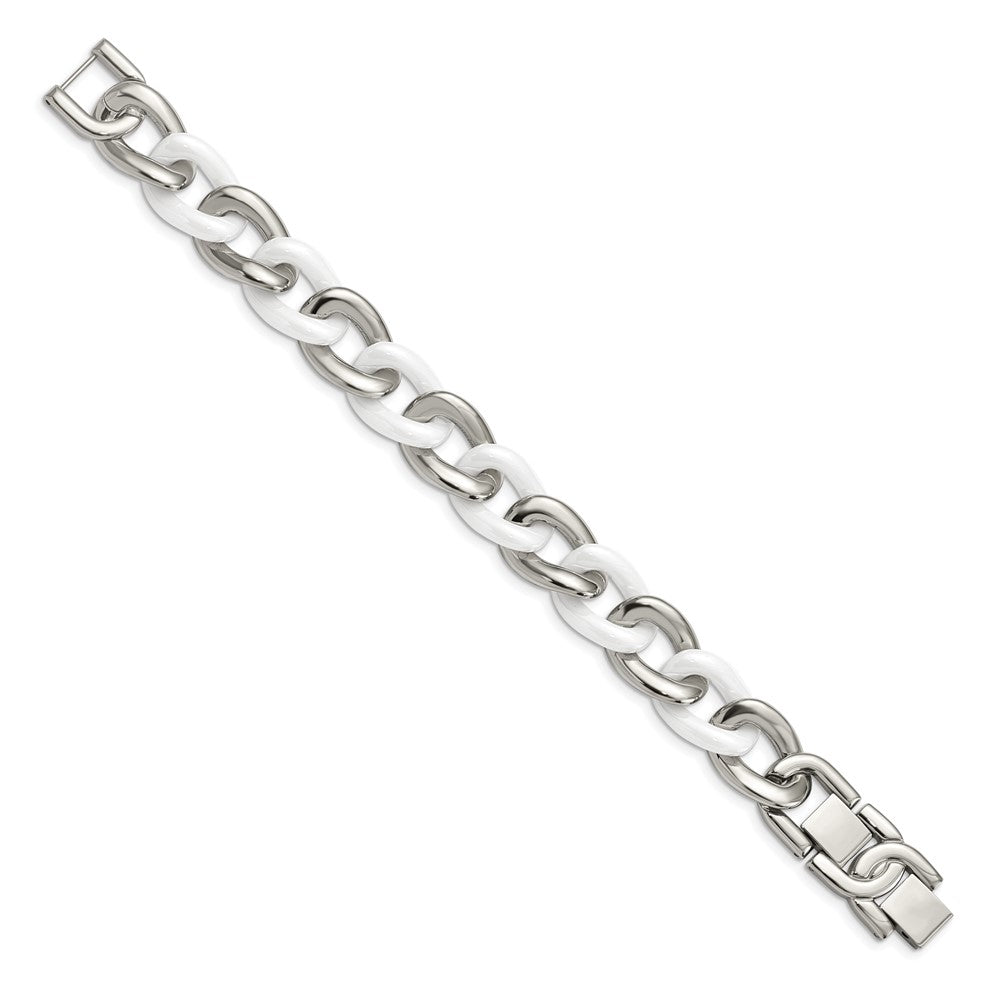 Alternate view of the Stainless Steel &amp; White Ceramic Curb Chain Bracelet, 7.5 to 8.5 Inch by The Black Bow Jewelry Co.
