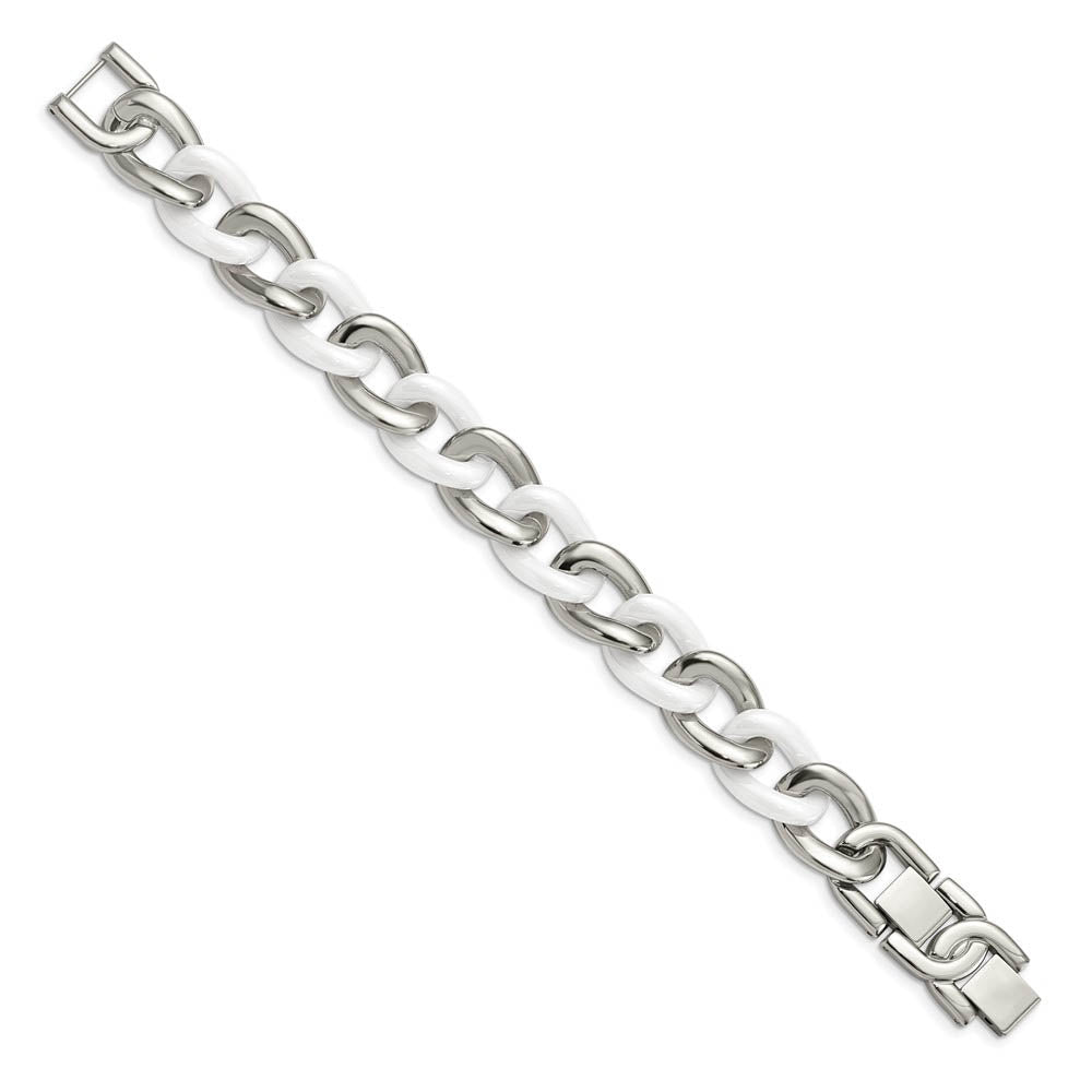Alternate view of the Stainless Steel & White Ceramic Curb Chain Bracelet, 7.5 to 8.5 Inch by The Black Bow Jewelry Co.