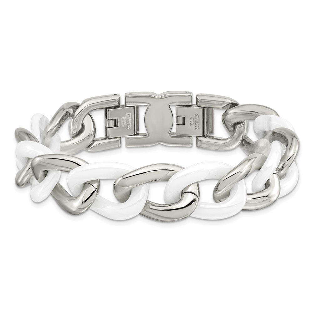 Alternate view of the Stainless Steel & White Ceramic Curb Chain Bracelet, 7.5 to 8.5 Inch by The Black Bow Jewelry Co.