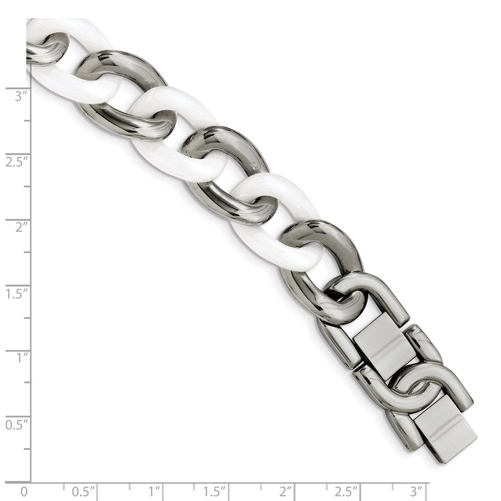 Alternate view of the Stainless Steel &amp; White Ceramic Curb Chain Bracelet, 7.5 to 8.5 Inch by The Black Bow Jewelry Co.